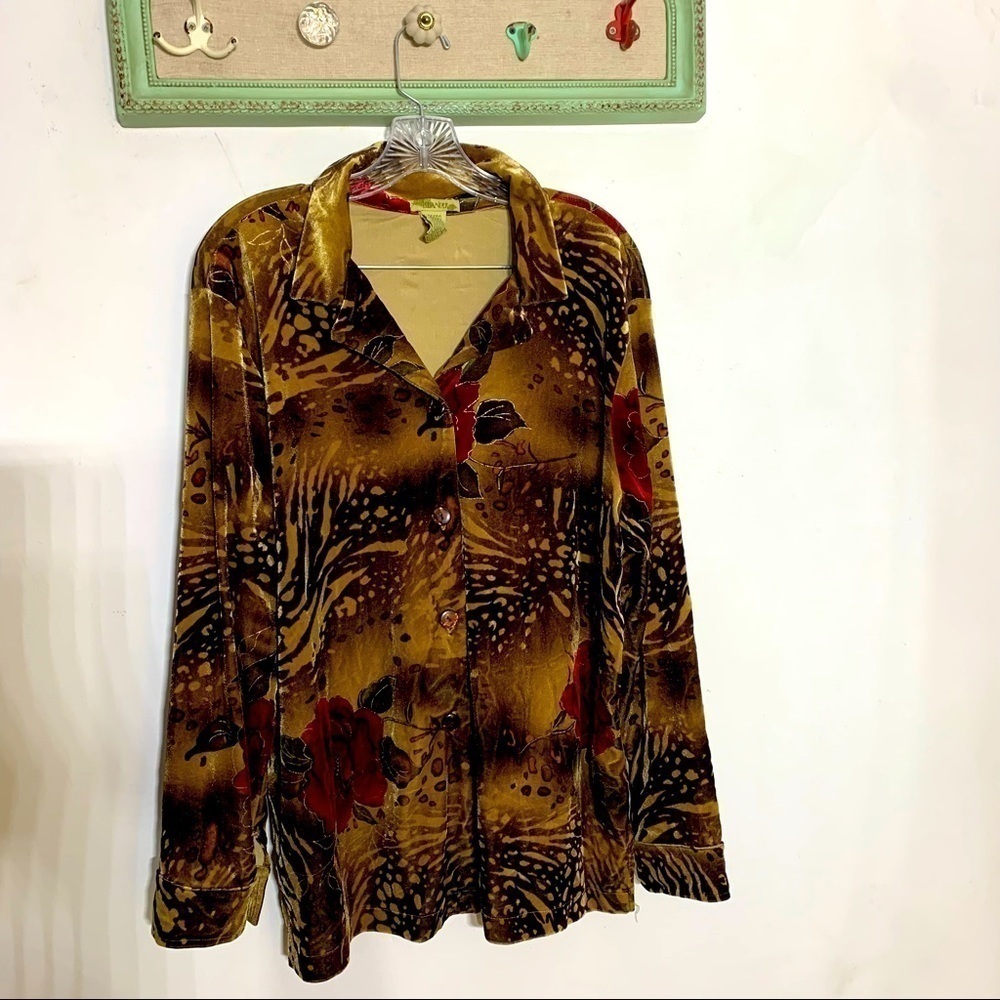 Vintage Islander gold velvet long sleeve v neck button down shirt XL top